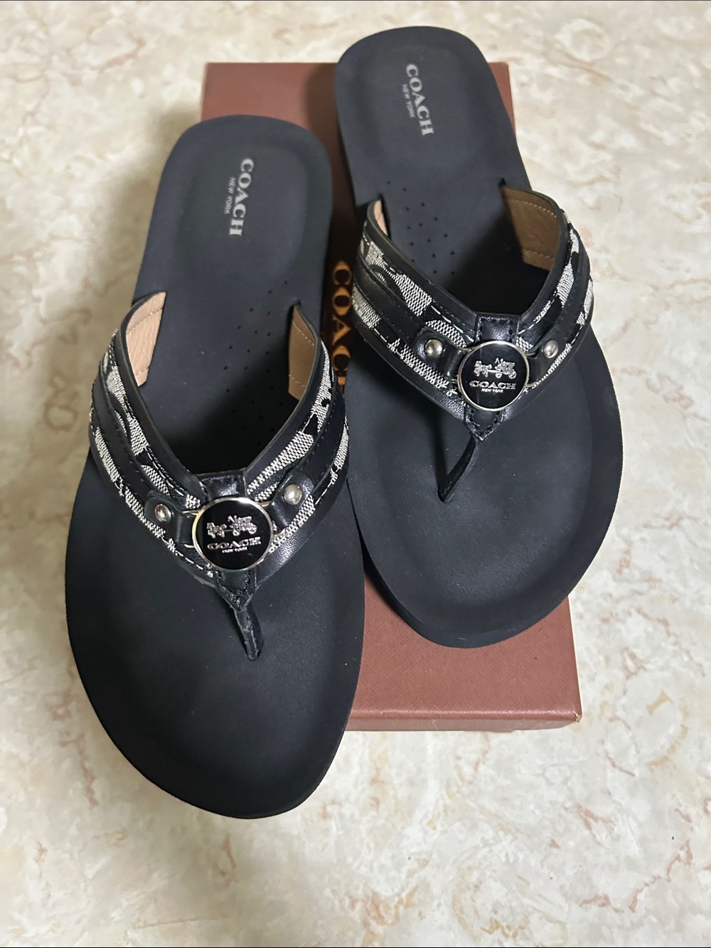 Coach Black Signature Thong Sandals with Silver Logo Medallion